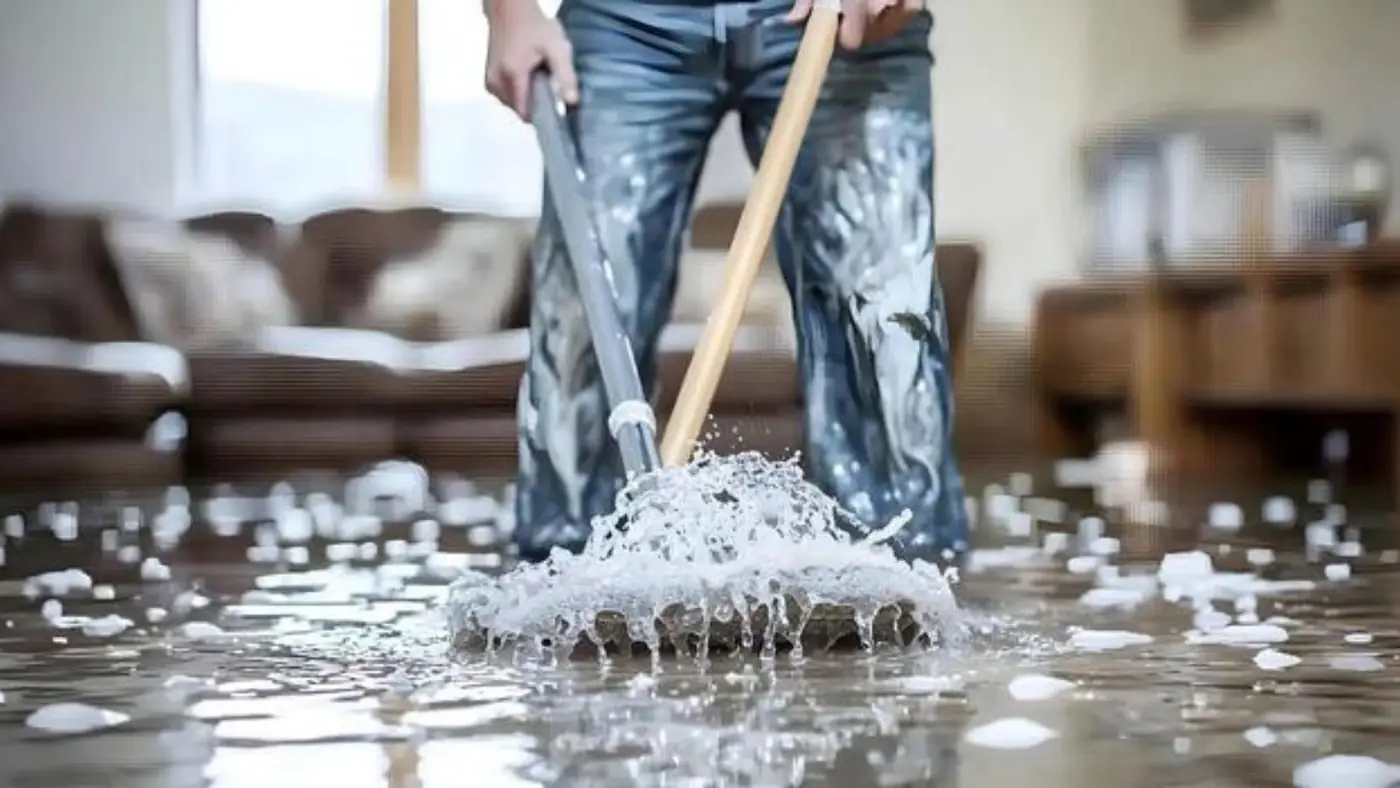 Person in jeans mopping foamy water on a living room floor
