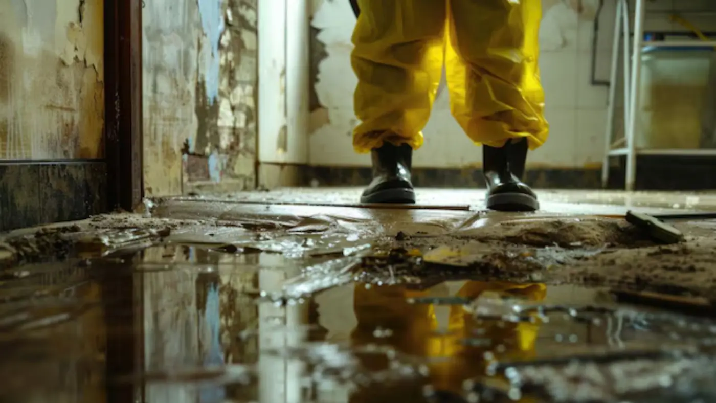 Worker in yellow protective overalls and boots standing in muddy standing water and debris
