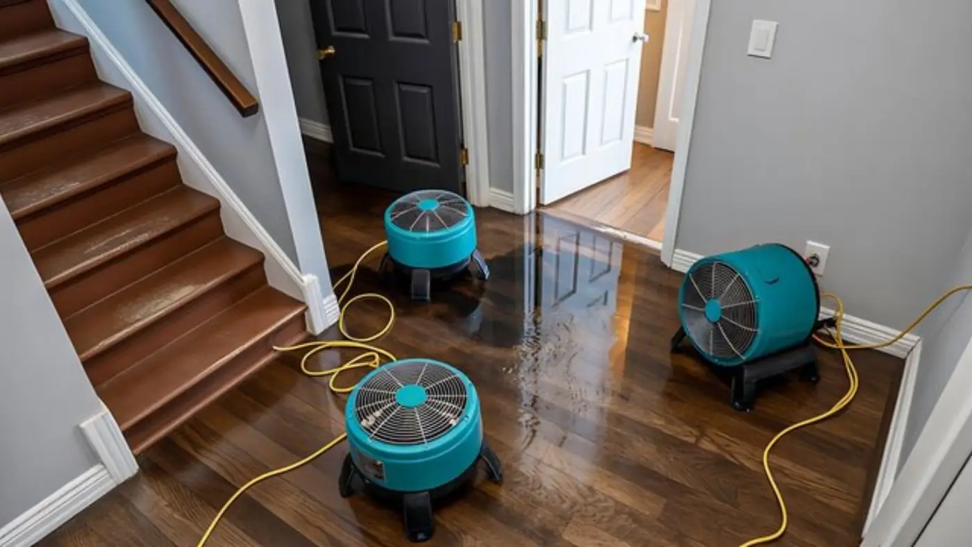 Three air movers on a hardwood floor near a staircase with extension cords running between them